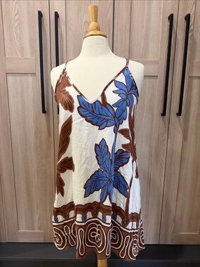 Tropical Cream Mini Slip Dress with Blue & Brown Floral Print NWOT